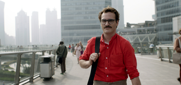 Theodore Twombly (Joaquin Phoenix) walks along Pudong’s expansive raised pedestrian walkways